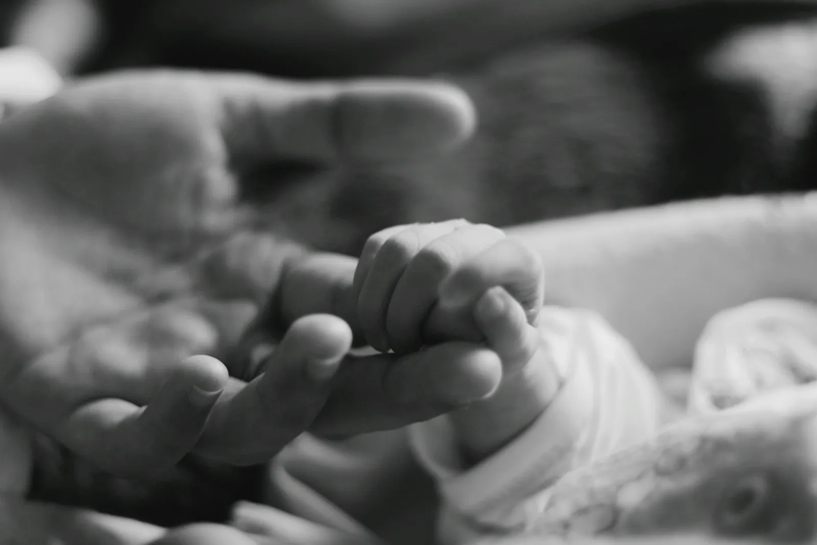 a black and white photo of a person holding a baby's hand